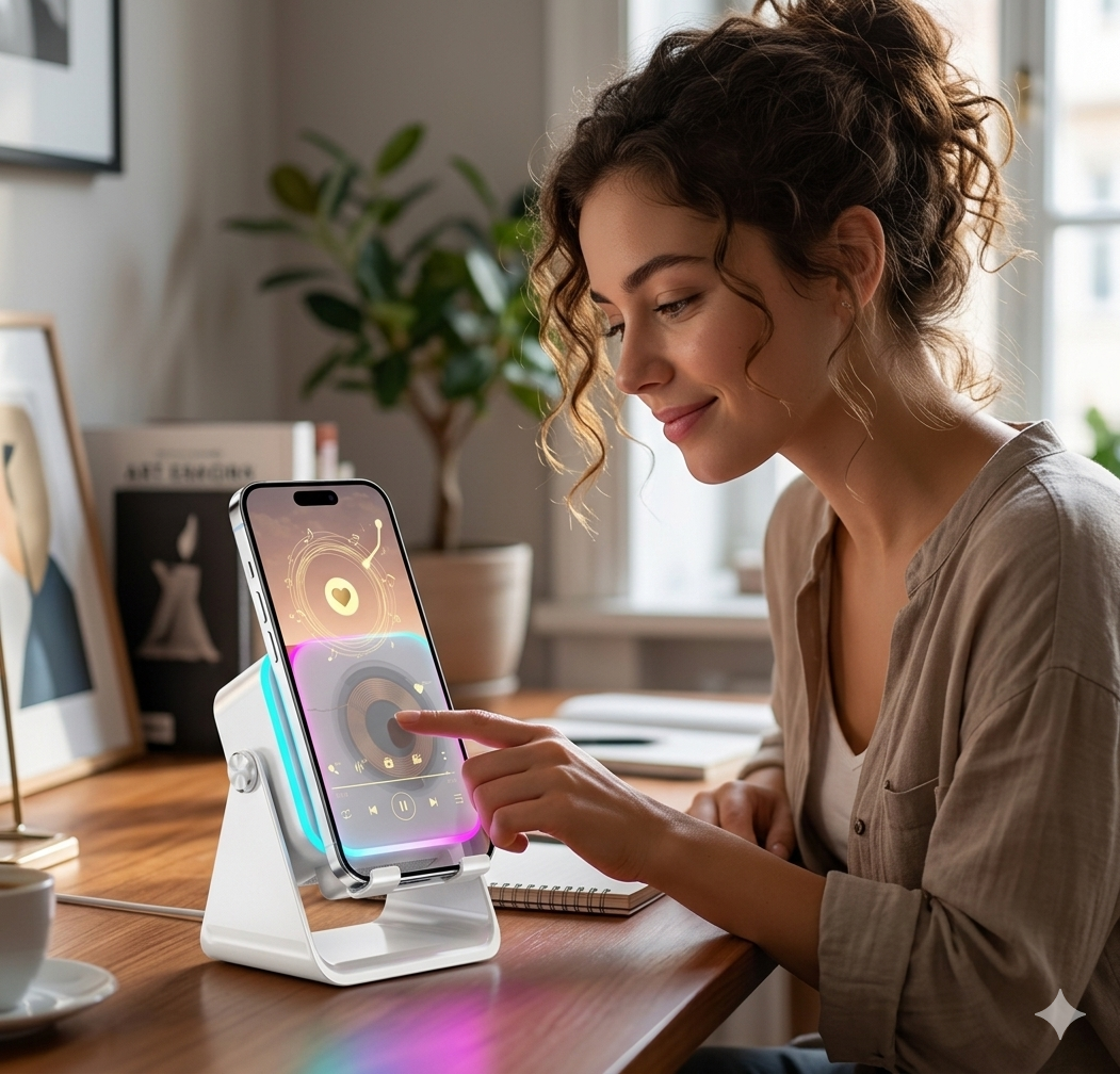 5-in-1 Phone Stand: Induction Speaker, Power Bank & RGB Lights